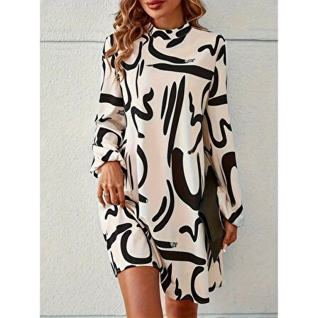 Lucky Life Kadın  Uzun Kollu Balıkçı Yaka Desenli şardonlu Dalgıç Elbise