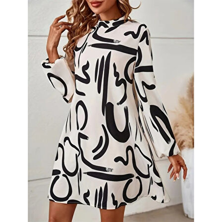 Lucky Life Kadın  Uzun Kollu Balıkçı Yaka Desenli şardonlu Dalgıç Elbise