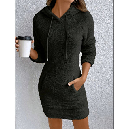 Lucky Life Kadın Uzun Kollu Kapşonlu Cepli Mini Peluş Elbise