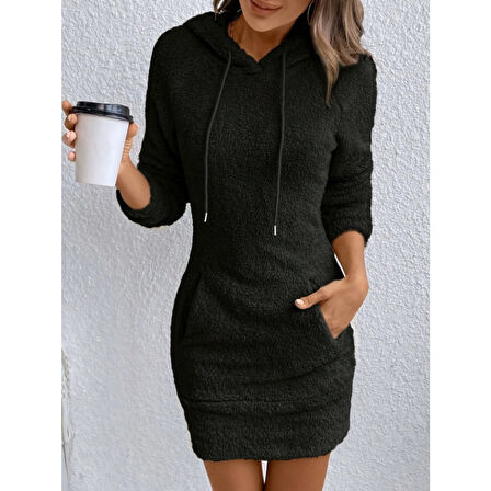 Lucky Life Kadın Uzun Kollu Kapşonlu Cepli Mini Peluş Elbise