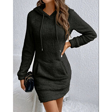 Lucky Life Kadın Uzun Kollu Kapşonlu Cepli Mini Peluş Elbise