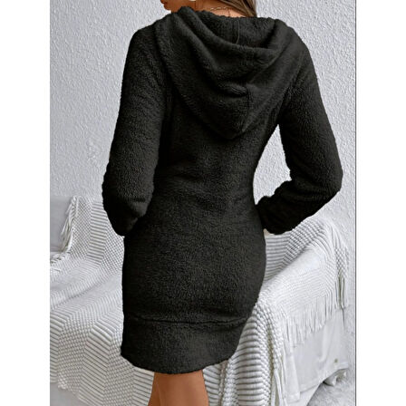 Lucky Life Kadın Uzun Kollu Kapşonlu Cepli Mini Peluş Elbise