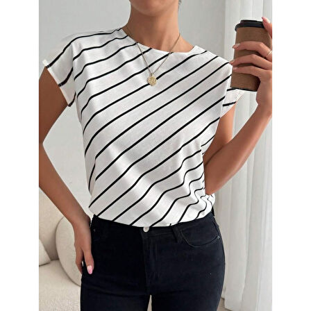 Lucky Life Kadın Kısa Yarasa Kollu Bisiklet Yaka çizgi Desenli Atlas Bluz