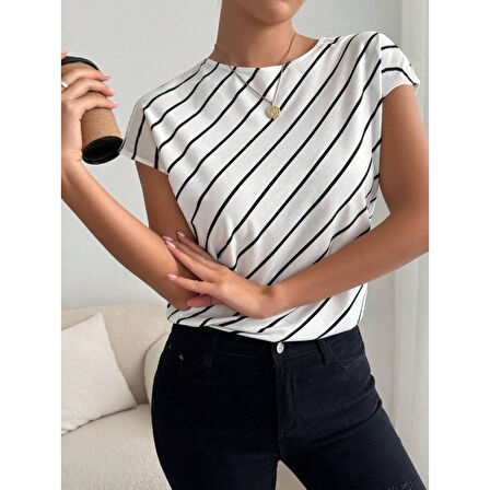 Lucky Life Kadın Kısa Yarasa Kollu Bisiklet Yaka çizgi Desenli Atlas Bluz