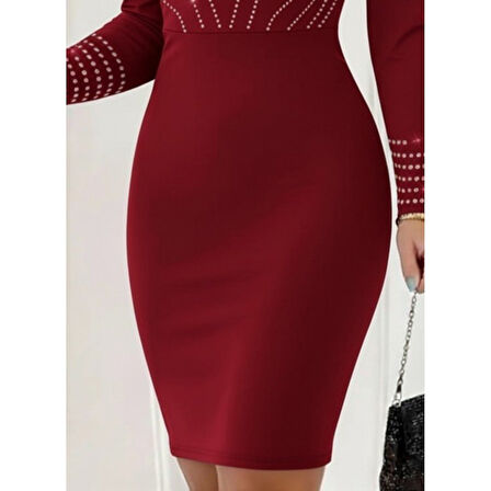 Lucky Life Kadın Uzun Kollu V Yakalı Taşlı Mini Ithal Krep Elbise