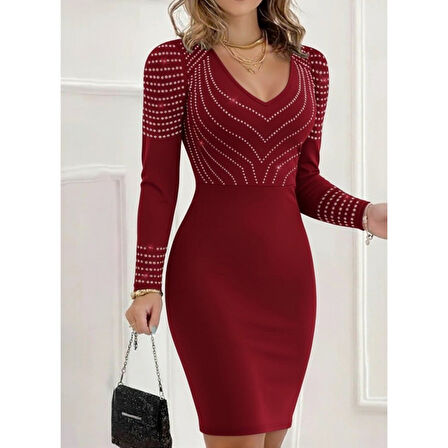 Lucky Life Kadın Uzun Kollu V Yakalı Taşlı Mini Ithal Krep Elbise