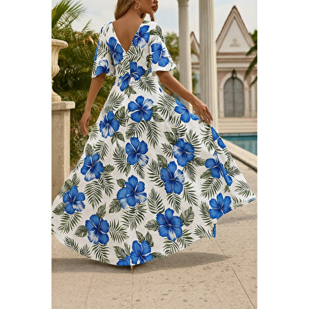 Lucky Life Kadın Kısa Kollu V Yakalı Desenli Süprem Elbise