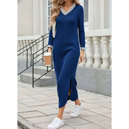 Lucky Life Kadın Uzun Kollu V Yakalı Yanlardan Yırtmaçlı Uzun Viskon Iki Iplik Elbise