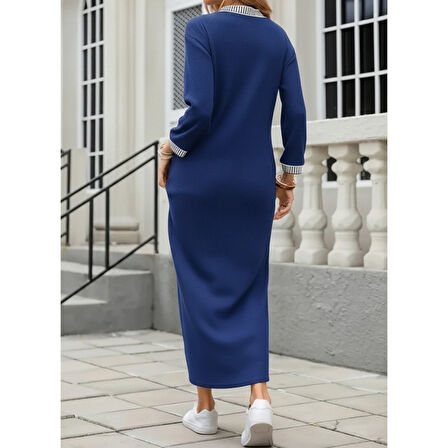 Lucky Life Kadın Uzun Kollu V Yakalı Yanlardan Yırtmaçlı Uzun Viskon Iki Iplik Elbise