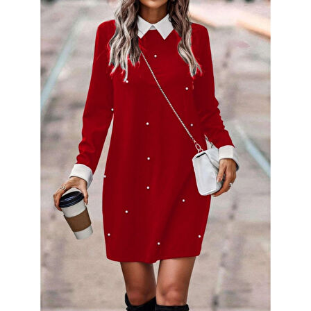 Lucky Life Kadın Uzun Kollu Polo Yaka Inci Detay Krep Elbise