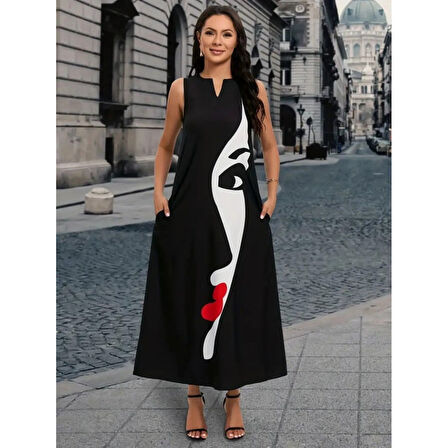 Lucky Life Kadın Sıfır Kol V Yakalı Lucky Life Kadın Yüz Desenli Süprem Elbise