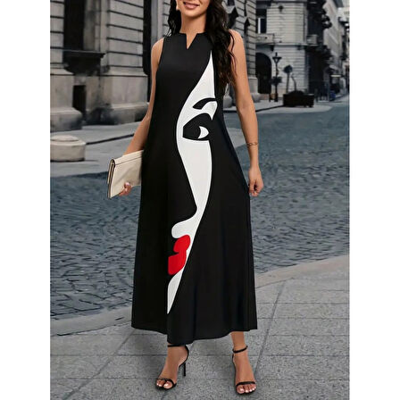 Lucky Life Kadın Sıfır Kol V Yakalı Lucky Life Kadın Yüz Desenli Süprem Elbise