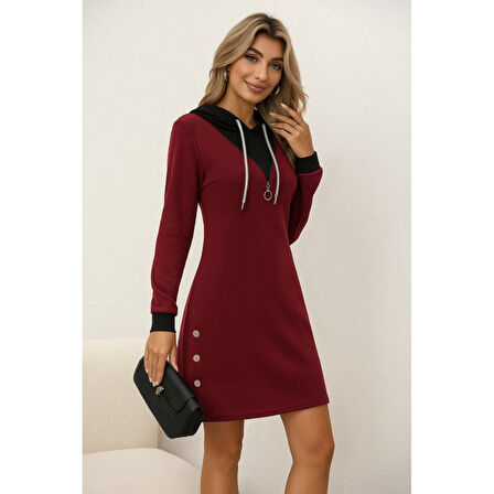 Lucky Life Lucky Life Kadın Uzun Kollu Kapşonlu önden Fermuarlı Düğmeli Mini Iki Iplik Elbise