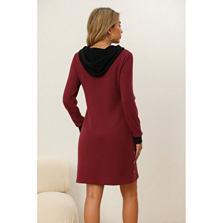 Lucky Life Lucky Life Kadın Uzun Kollu Kapşonlu önden Fermuarlı Düğmeli Mini Iki Iplik Elbise