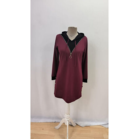 Lucky Life Lucky Life Kadın Uzun Kollu Kapşonlu önden Fermuarlı Düğmeli Mini Iki Iplik Elbise