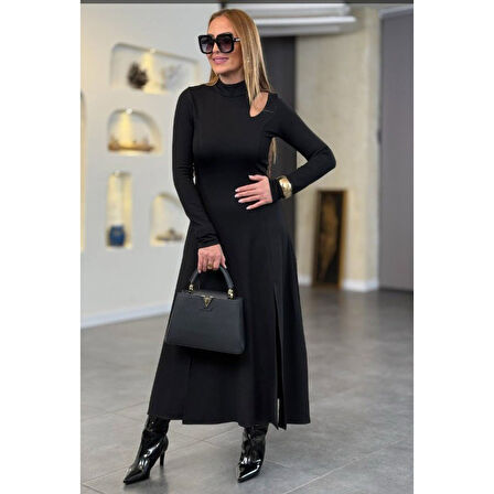 Lucky Life Kadın Balıkçı Yaka Damla Detaylı Yırtmaçlı Uzun Viskon Iki Iplik Maxi Elbise