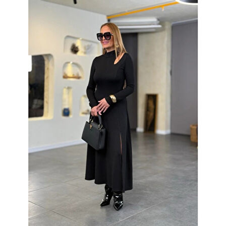 Lucky Life Kadın Balıkçı Yaka Damla Detaylı Yırtmaçlı Uzun Viskon Iki Iplik Maxi Elbise