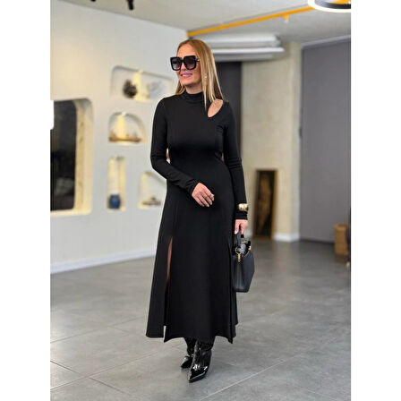 Lucky Life Kadın Balıkçı Yaka Damla Detaylı Yırtmaçlı Uzun Viskon Iki Iplik Maxi Elbise