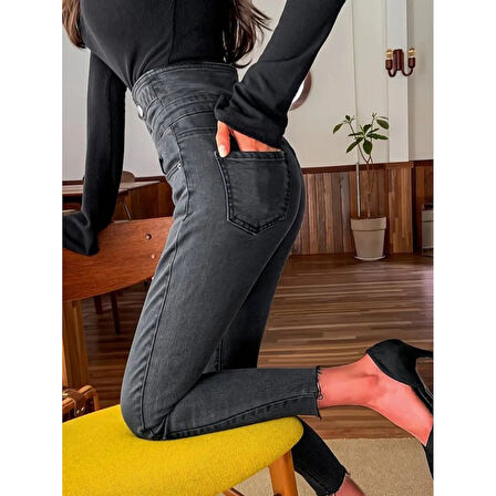 Lucky Life Kadın Yüksek Bel önden Düğmeli Cepli Dar Kesim Detaylı Kot Pantolon