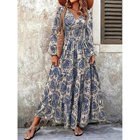 Lucky Life Kadın Uzun Kollu V Yakalı Desenli Süprem Elbise