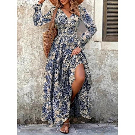 Lucky Life Kadın Uzun Kollu V Yakalı Desenli Süprem Elbise