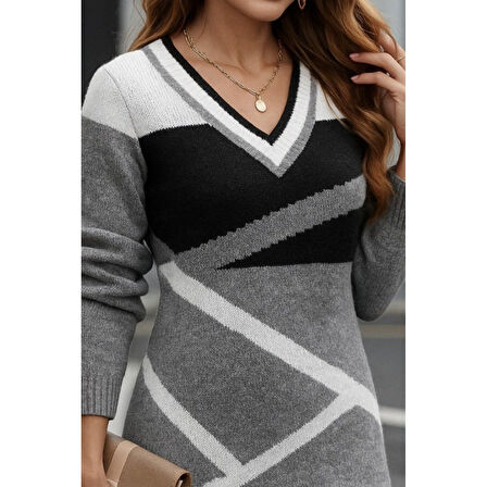 Lucky Life Lucky Life Kadın Uzun Kollu V Yakalı Kısa Triko Elbise