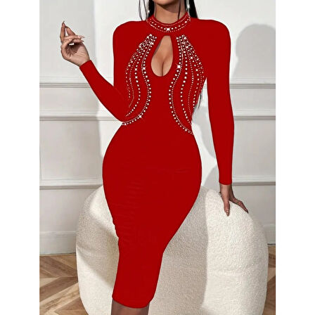 Lucky Life Kadın Uzun Kollu Balıkçı Yaka Taşlı Damla Detay Midi Ithal Krep Elbise