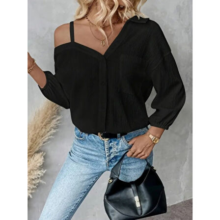 Lucky Life Kadın Tek Omuzdan Açık Askılı Uzun Kollu Yakalı önden Düğmeli Gömlek