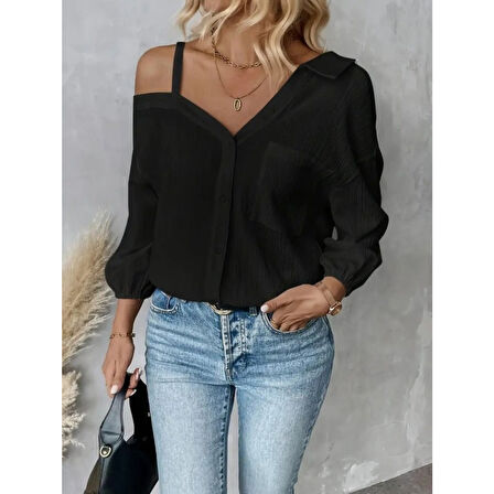 Lucky Life Kadın Tek Omuzdan Açık Askılı Uzun Kollu Yakalı önden Düğmeli Gömlek