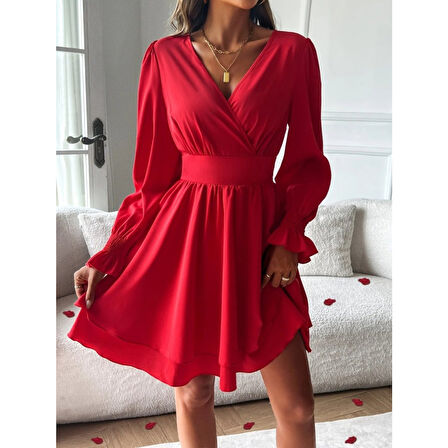 Lucky Life Kadın Uzun Kollu Kruvaze Yakalı Mini Sandy Elbise