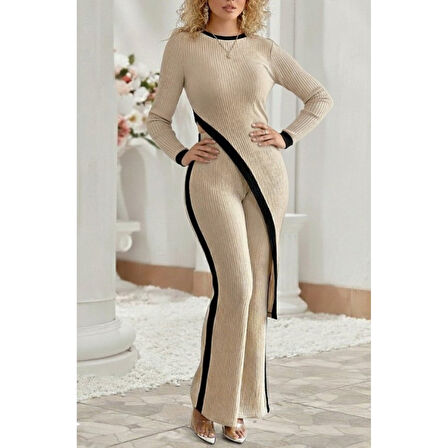 Lucky Life Lucky Life Kadın Uzun Kollu Bisiklet Yaka Asimetrik Kesim Bluz şardonlu Kaşkorse Bluz Ve Pantolon Ikili Takım