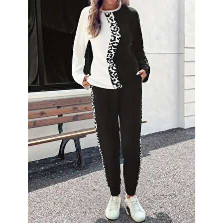 Lucky Life Lucky Life Kadın Uzun Kollu Bisiklet Yaka çift Renkli Viskon Iki Iplik Bluz Ve Pantolon Ikili Takım