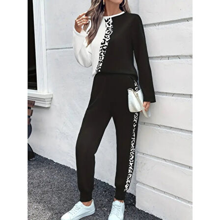 Lucky Life Lucky Life Kadın Uzun Kollu Bisiklet Yaka çift Renkli Viskon Iki Iplik Bluz Ve Pantolon Ikili Takım