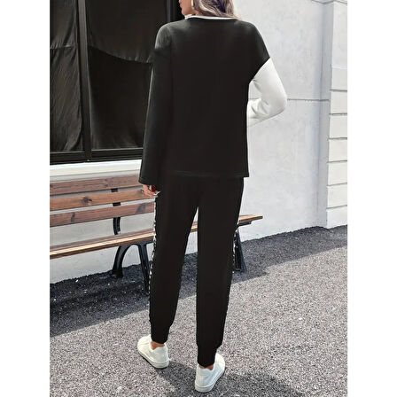 Lucky Life Lucky Life Kadın Uzun Kollu Bisiklet Yaka çift Renkli Viskon Iki Iplik Bluz Ve Pantolon Ikili Takım