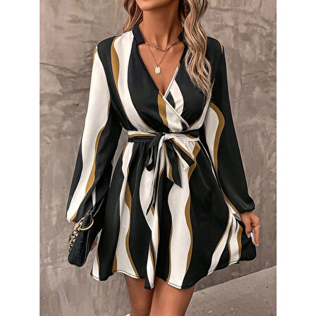 Lucky Life Kadın Uzun Kollu Kruvaze Yakalı Desenli Modal Mini Elbise