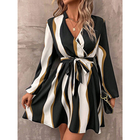 Lucky Life Kadın Uzun Kollu Kruvaze Yakalı Desenli Modal Mini Elbise