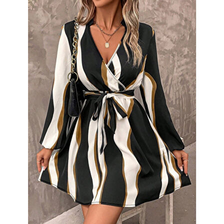 Lucky Life Kadın Uzun Kollu Kruvaze Yakalı Desenli Modal Mini Elbise