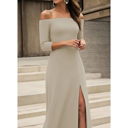 Lucky Life Kadın Uzun Kollu Madonna Yakalı Yırtmaç Detaylı Uzun Ithal Krep Elbise