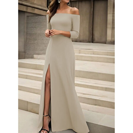 Lucky Life Kadın Uzun Kollu Madonna Yakalı Yırtmaç Detaylı Uzun Ithal Krep Elbise