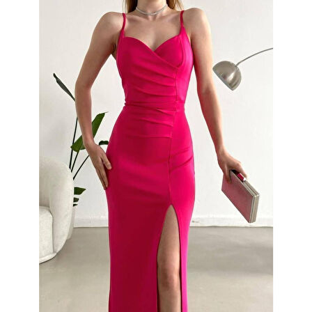 Lucky Life Kadın Dalgıç Kumaş Askılı Yırtmaç Detaylı V Yaka Maxi Boy Elbise