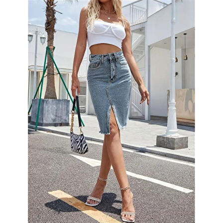 Lucky Life Kadın Elastik Bel Yırtık Kenar Detaylı Kot Etek