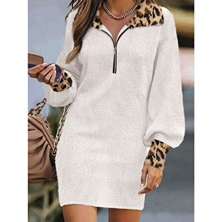 Lucky Life Kadın Uzun Kollu Yakalı önden Fermuarlı Leopar Detaylı Mini Peluş Elbise