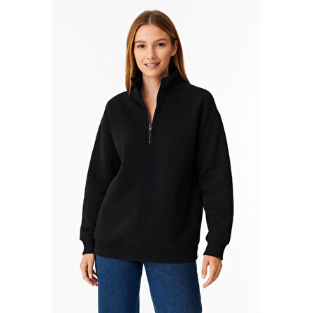 Lucky Life Üç İplik Dık Yaka Yarım Fermuarlı SweatShirt - Siyah