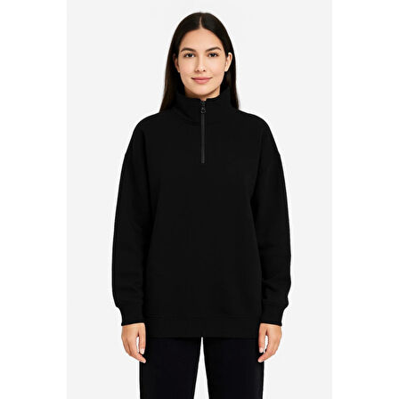 Lucky Life Üç İplik Dık Yaka Yarım Fermuarlı SweatShirt - Siyah