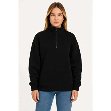 Lucky Life Üç İplik Dık Yaka Yarım Fermuarlı SweatShirt - Siyah