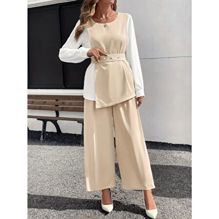 Lucky Life Lucky Life Kadın Uzun Kollu Açık Yakalı çift Renkli Kemerli Ithal Krep Ikili Takım