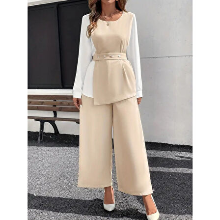 Lucky Life Lucky Life Kadın Uzun Kollu Açık Yakalı çift Renkli Kemerli Ithal Krep Ikili Takım