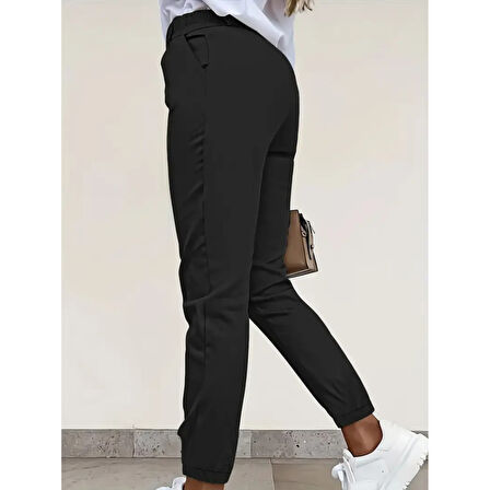 Lucky Life Kadın Yüksek Bel önden Düğmeli Cepli Bilek Lastik Detay Atlas Pantolon