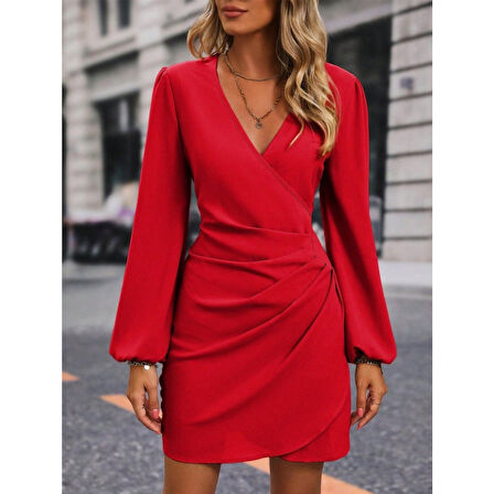 Lucky Life Kadın Uzun Kollu Kruvaze Yakalı Yanlardan Büzgü Detaylı Ithal Krep Kısa Elbise