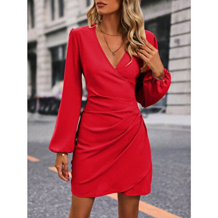 Lucky Life Kadın Uzun Kollu Kruvaze Yakalı Yanlardan Büzgü Detaylı Ithal Krep Kısa Elbise